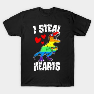 Dinosaur T Rex Lgbt Gay Pride Flag I Steal Hearts Men Boys T-Shirt